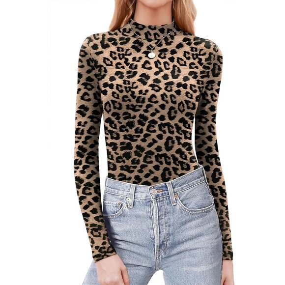 Women's LeopardMock Neck T-Shirt Long Sleeve Slim Lightweight Layer Tops